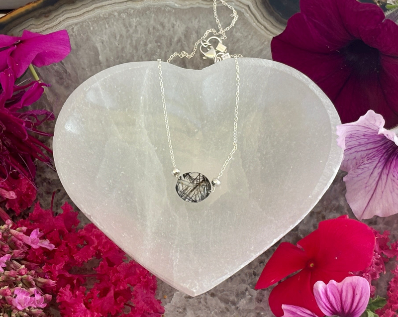 Quartz with Black Tourmaline Inclusions on Fine Sterling Silver Chain