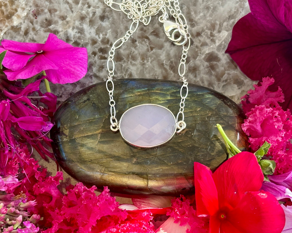 Rose Quartz Faceted Oval on Vintage 16" Sterling Silver Chain