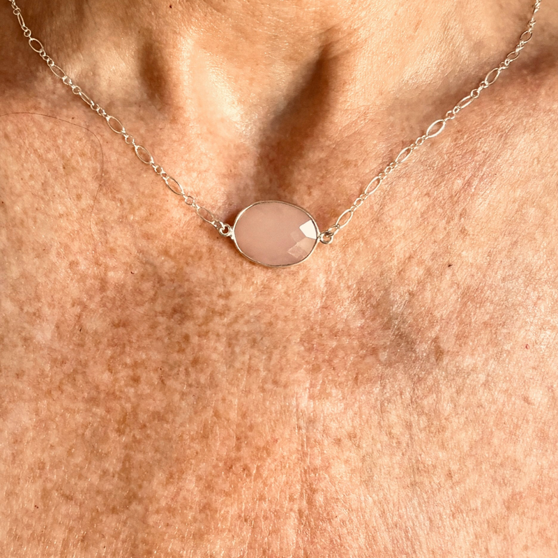 Rose Quartz Faceted Oval on Vintage 16" Sterling Silver Chain