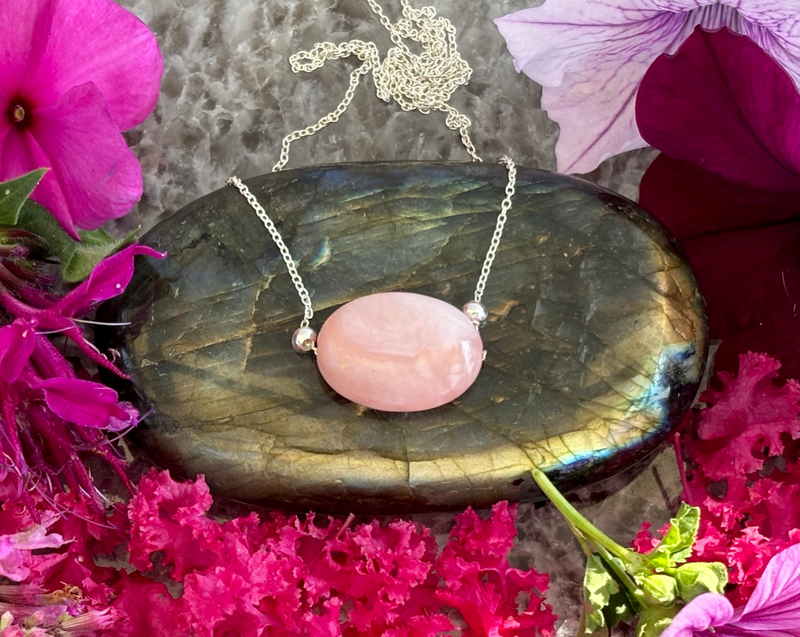 Natural Pink Opal on 16" Sterling Silver Fine Chain with Sterling Accent Beads