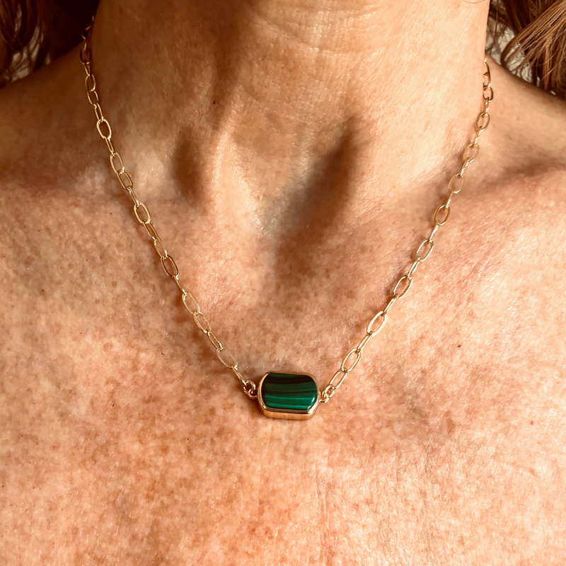 Malachite Pendant hangs on 16" 14KGF Vintage Paper Clip Chain.