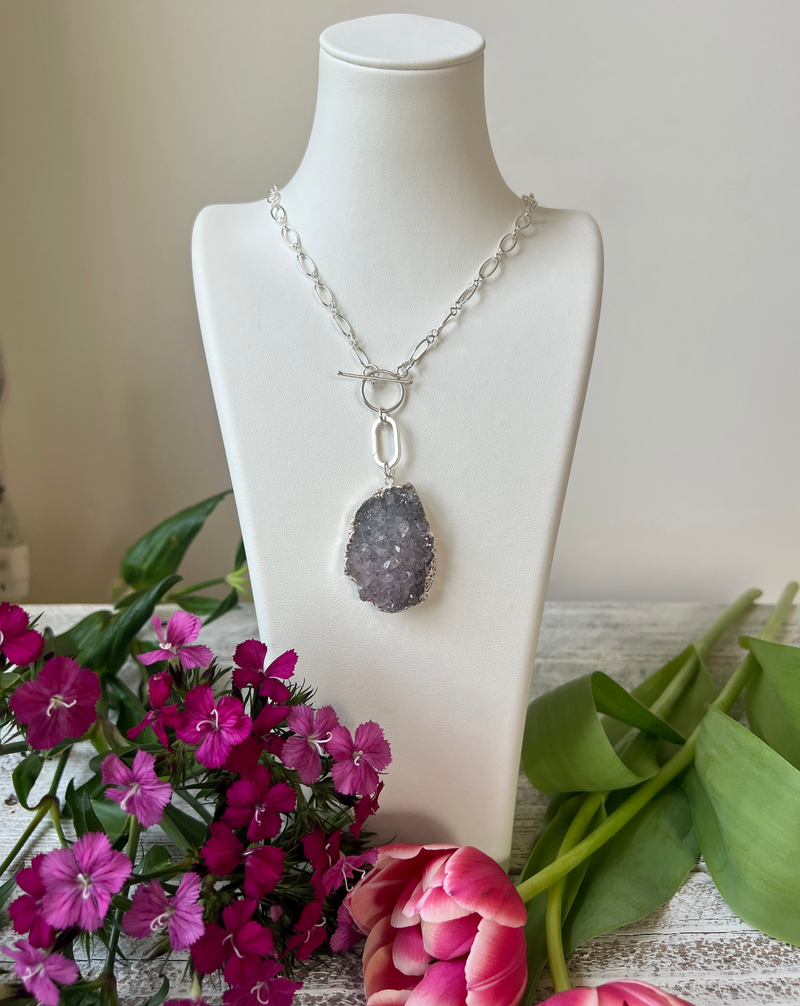 Amethyst Cluster Hangs from Hand Made Sterling Silver Large Link Chain and Toggle