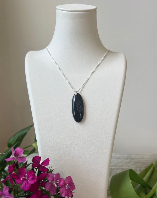 Black Onyx with Druzy Window Hanging on Sterling Silver Hand made Chain