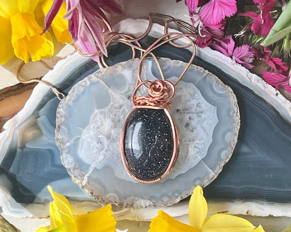 Blue Sunstone Wrapped in Copper Hanging from Rose Gold Chain