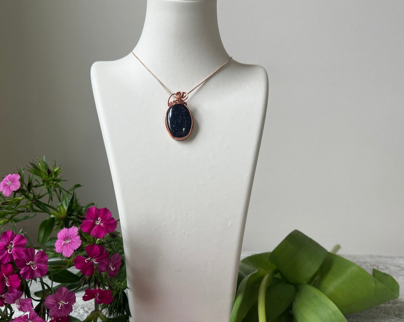 Blue Sunstone Wrapped in Copper Hanging from Rose Gold Chain