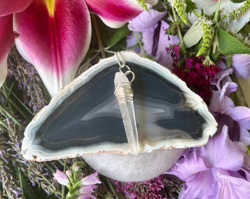 Dagger  Shaped Lemurian  Seed Quartz Wrapped in Sterling Silver Hanging on Sterling Silver Chain