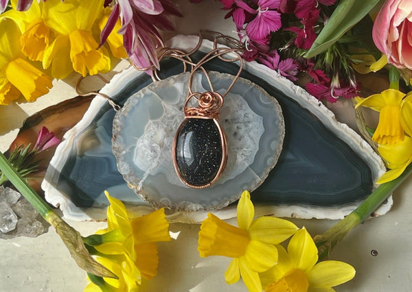 Blue Sunstone Wrapped in Copper Hanging from Rose Gold Chain