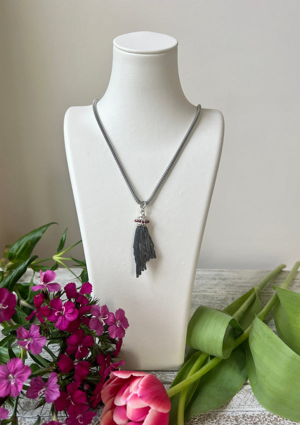 Black Kyanite Fan Wrapped with Garnets Hanging from Stainless Chain