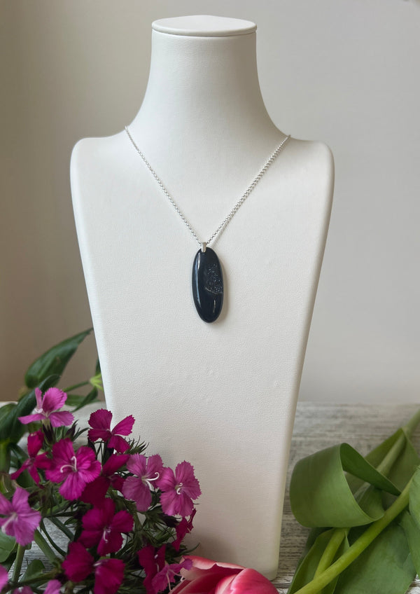 Black Onyx with Druzy Window Hanging on Sterling Silver Hand made Chain