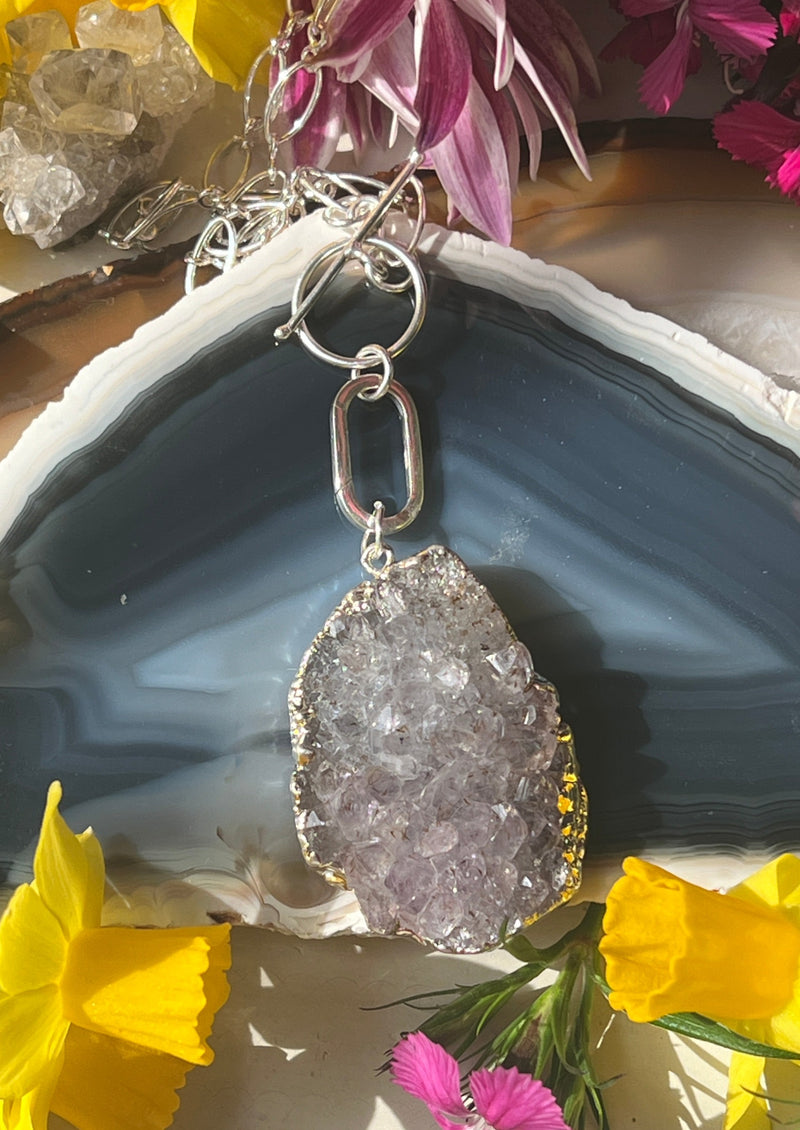 Amethyst Cluster Hangs from Sterling Silver Paper Clip and Hand made Sterling Chain with Toggle