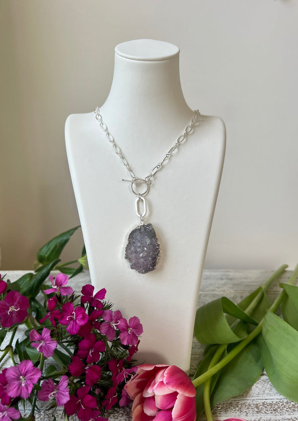 Amethyst Cluster Hangs from Sterling Silver Paper Clip and Hand made Sterling Chain with Toggle