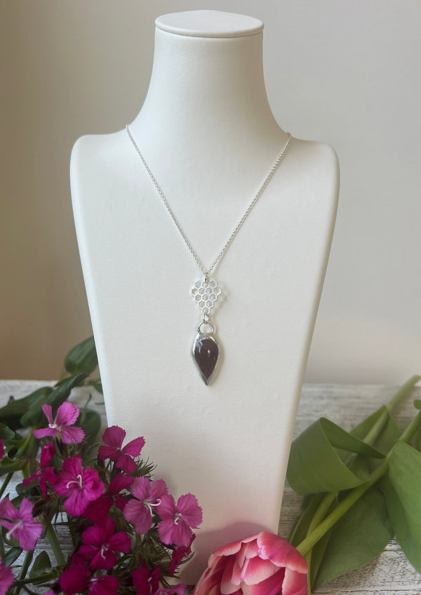 Pink Tourmaline Soldered to a Sterling Silver Honey Comb and Hanging on Sterling Chain