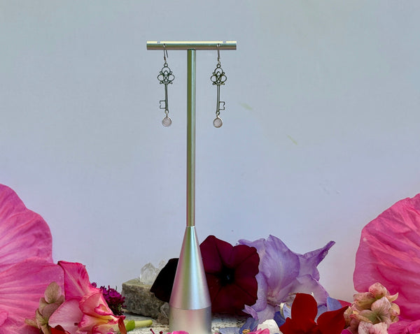 Key Earrings with Rose Quartz Drops on Sterling Silver Backs.