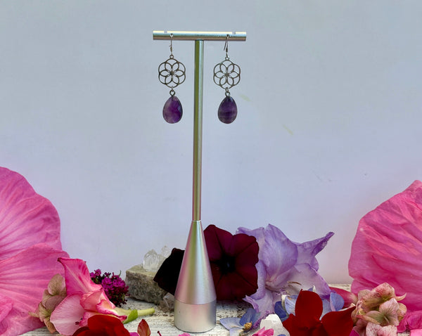 Flower Earrings with Chevron Amethyst Teardrops on Sterling Silver Backs