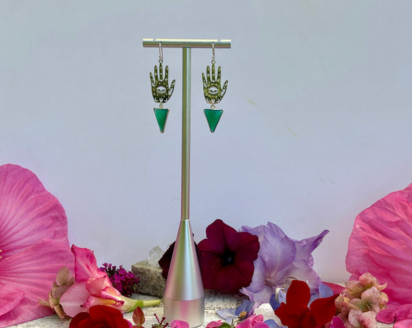 Hand and Protective Eye Earrings with Sterling Silver Green Onyx Triangles on Sterling Back.