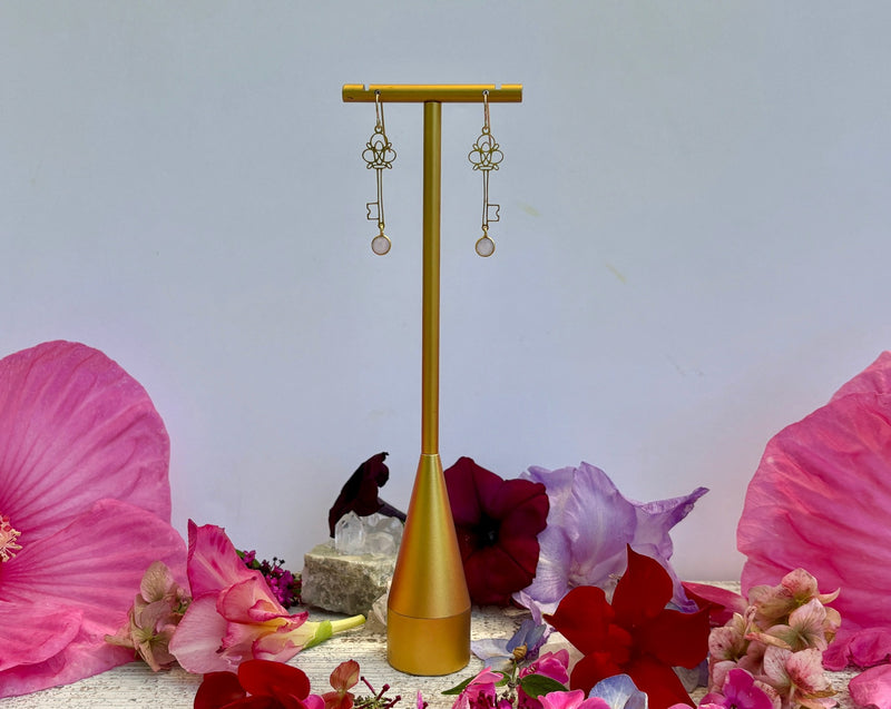 Key Earrings with Gold Rose Quartz Drops on 14KG Backs.