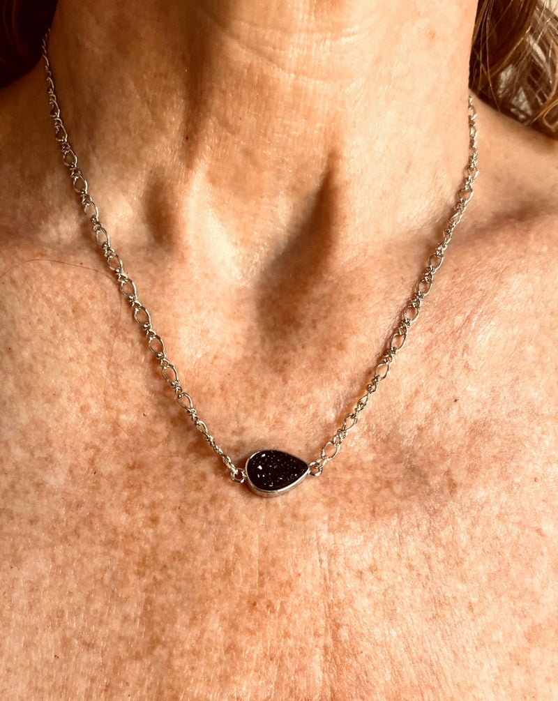 Black Teardrop Druzy on Sterling Silver Vintage Link Chain