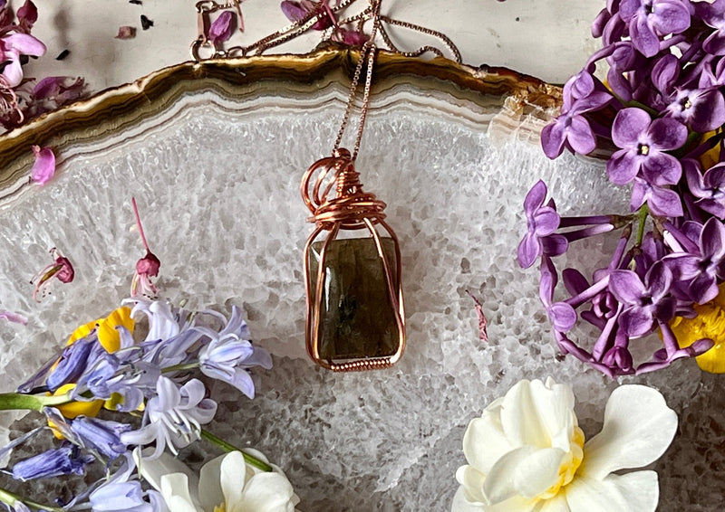 Rectangular Olive Green Labradorite Faceted and Wrapped in Copper hanging on Rose Gold Filled Chain
