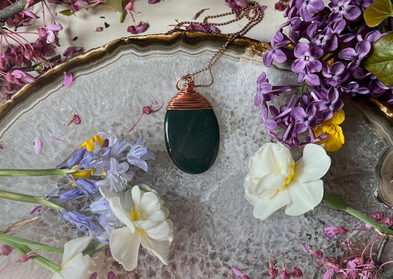 Copper Wrapped Bloodstone Hanging on Adjustable 14K Rose Gold Filled Chain