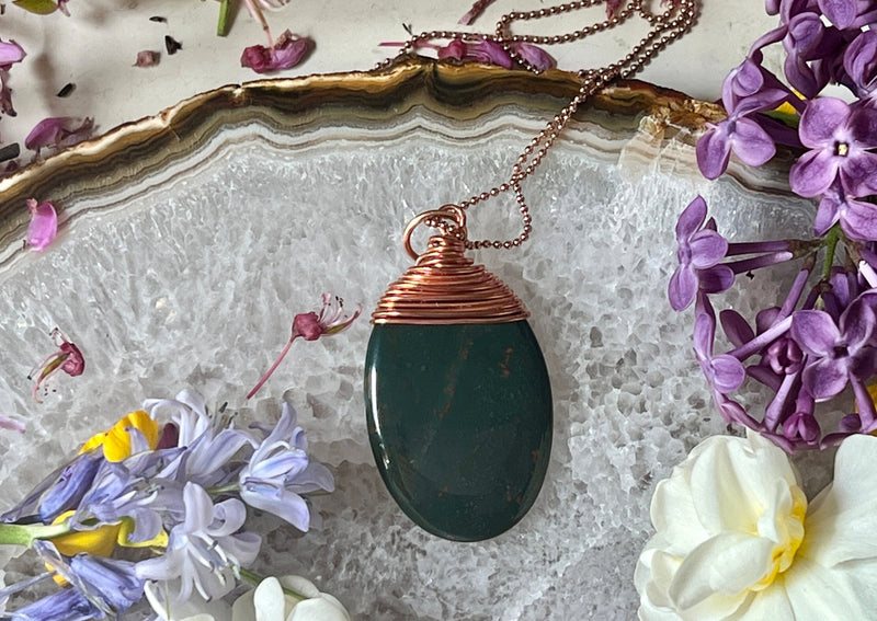 Copper Wrapped Bloodstone Hanging on Adjustable 14K Rose Gold Filled Chain