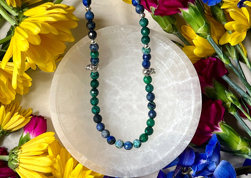 Malachite and Azurite Faceted Beads with Sterling Silver Skull Charms