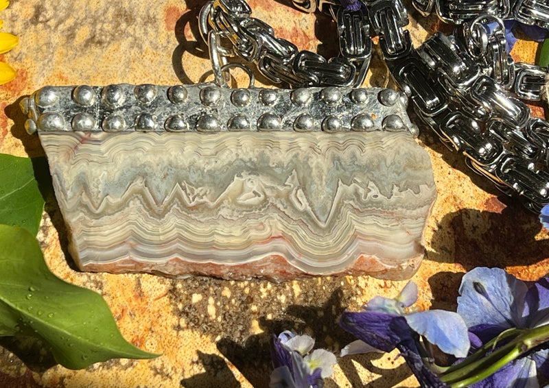 Large Blue Lace Agate Slab Soldered and Hanging on Byzantine Stainless Steel Chain