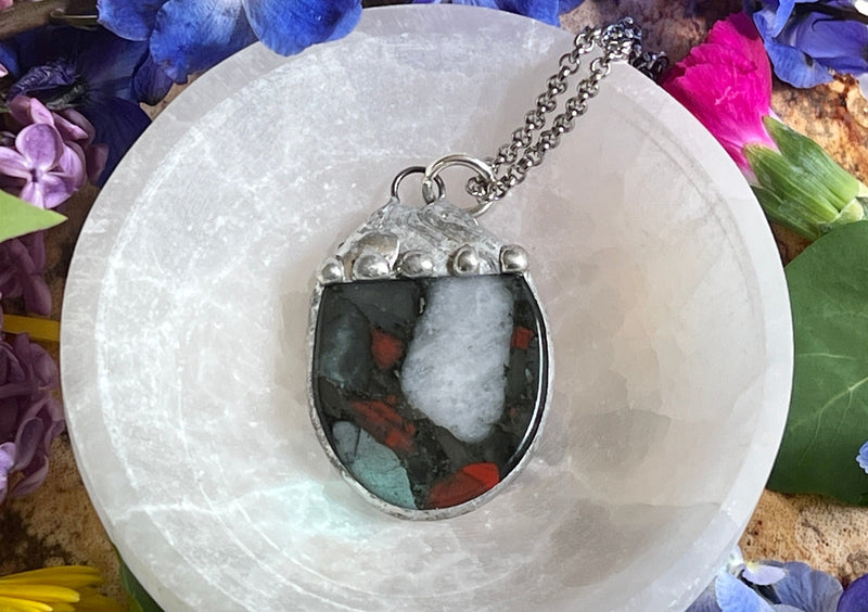 Polished Blood Stone Soldered and Hanging on Stainless Steel Chain