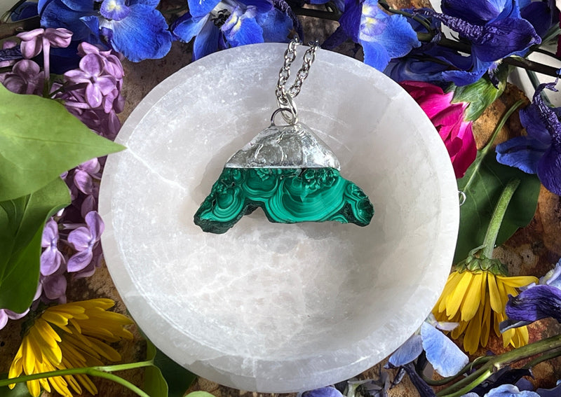 Malachite Free Form with Mica Growing on Edges Soldered and Hanging on Stainless Steel Chain