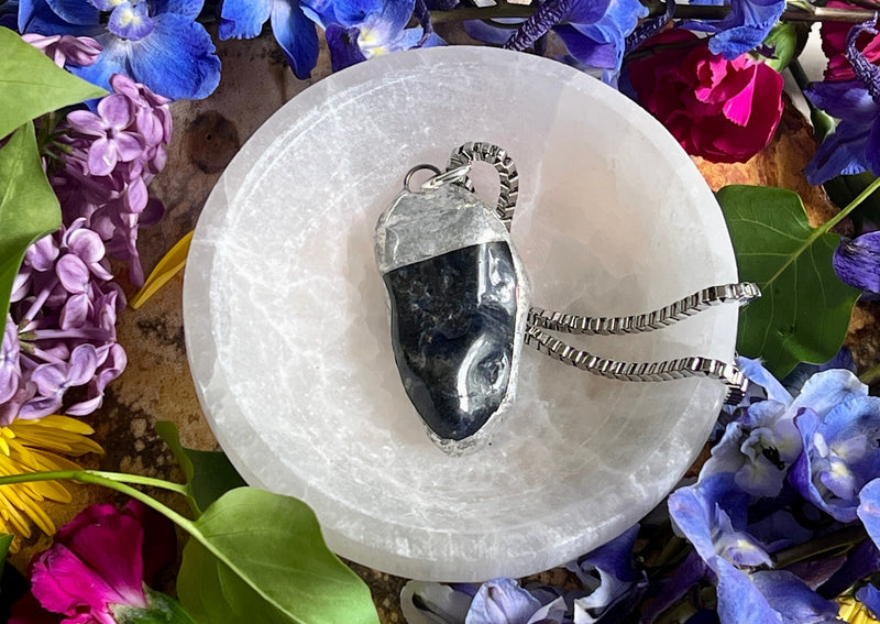 Sodalite Pendant Soldered and Hanging from Stainless Steel Chain