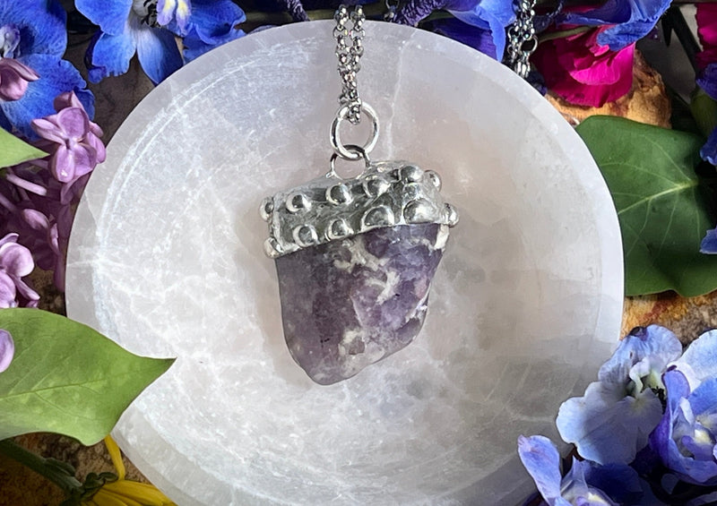Lepidolite  Pendant Soldered and Hanging from Stainless Steel Chain