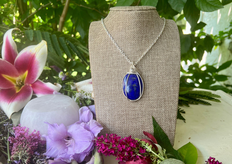 Lapis Lazuli Wrapped in Sterling Silver Hanging on Sterling Silver Chain