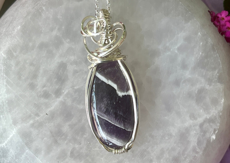 Chevron Amethyst Wrapped in Sterling Hanging on Sterling Silver Chain