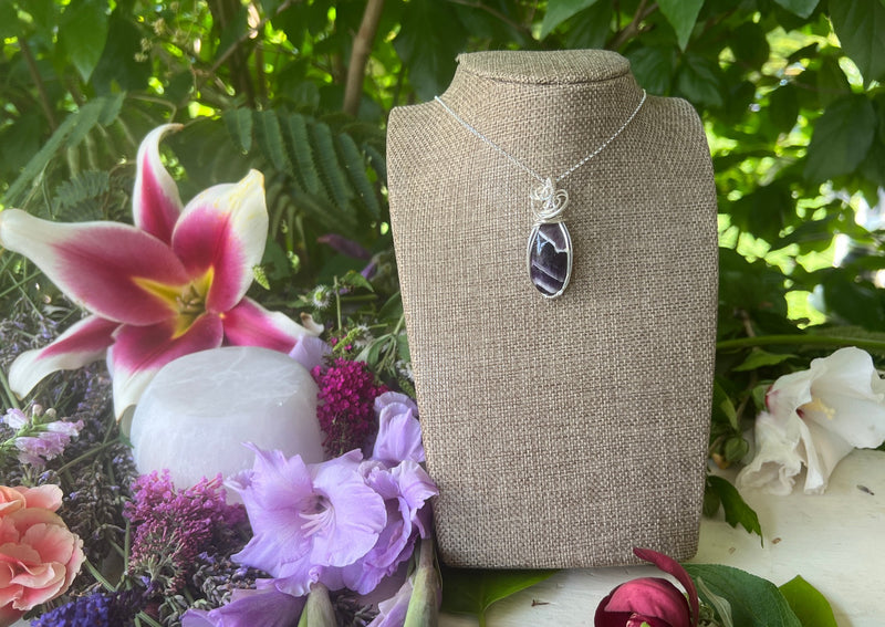 Chevron Amethyst Wrapped in Sterling Hanging on Sterling Silver Chain
