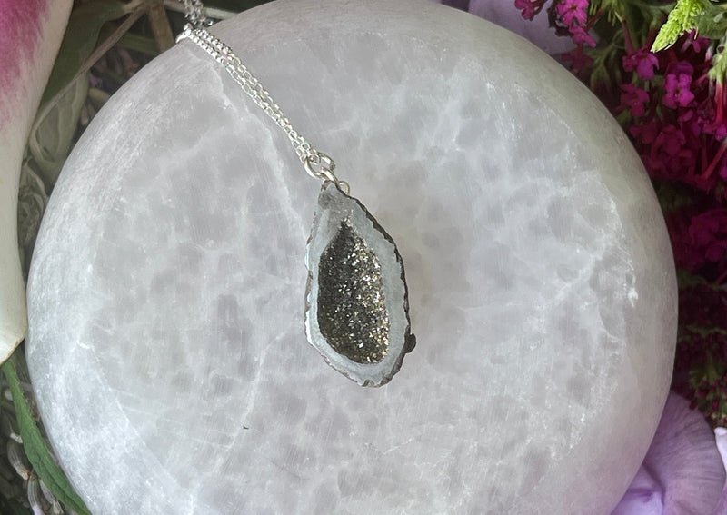 Natural Shell Electroplated with Druzy Inside on Sterling Silver Chain.