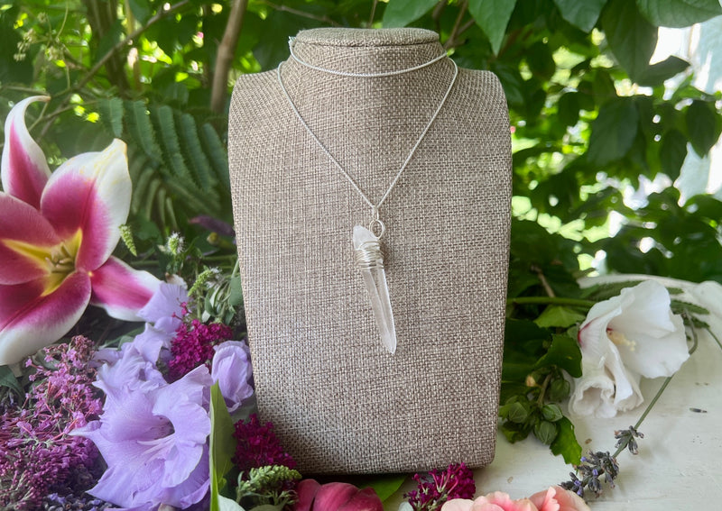 Dagger  Shaped Lemurian  Seed Quartz Wrapped in Sterling Silver Hanging on Sterling Silver Chain