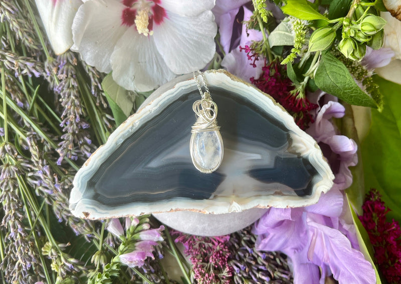 Rainbow Moonstone with Blue Flash Wrapped in Sterling Silver on Sterling Silver Chain