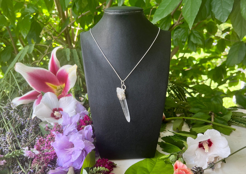 Dagger  Shaped Lemurian  Seed Quartz Wrapped in Sterling Silver Hanging on Sterling Silver Chain