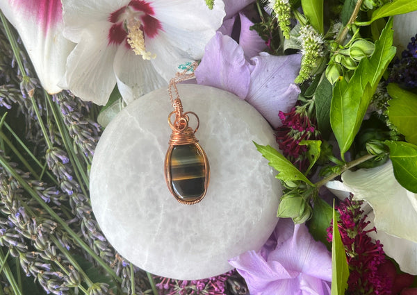 Blue Tigers Eye (Hawks Eye) Wrapped in Copper and Hanging on Rose Gold Chain