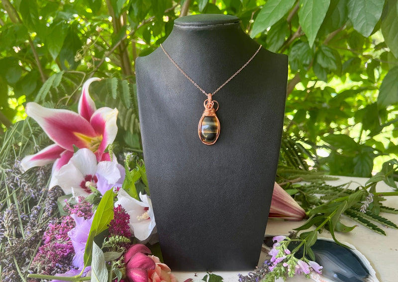 Blue Tigers Eye (Hawks Eye) Wrapped in Copper and Hanging on Rose Gold Chain