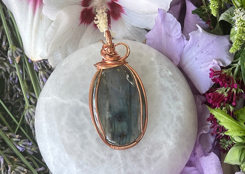 Labradorite with Blue and Purple Flash Wrapped in Copper Hanging on Rose Gold Chain