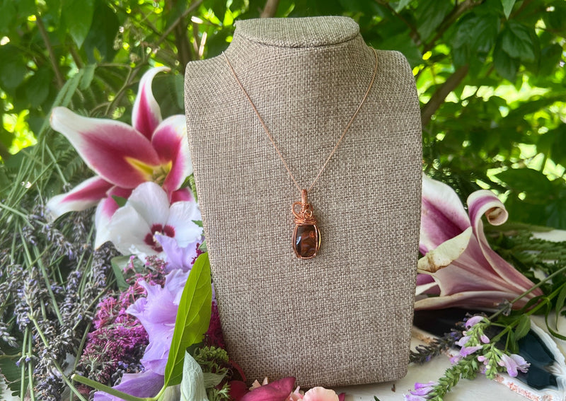 Fire Agate Wrapped in Copper Hanging from Rose Gold Chain
