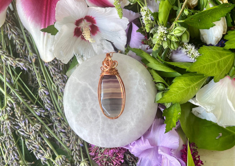Rainbow Fluorite Wrapped in Copper Hanging on Rose Gold Chain