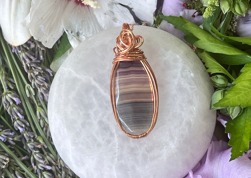 Rainbow Fluorite Wrapped in Copper Hanging on Rose Gold Chain