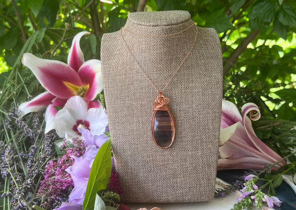 Rainbow Fluorite Wrapped in Copper Hanging on Rose Gold Chain