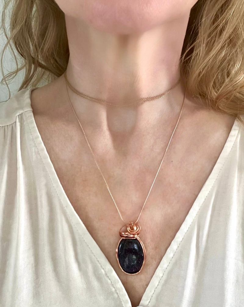 Blue Sunstone Wrapped in Copper Hanging from Rose Gold Chain