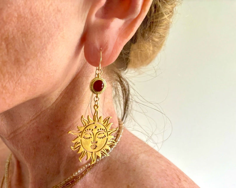 Sun Earrings with Gold Filled Carnelian Connectors on 14KG Backs.