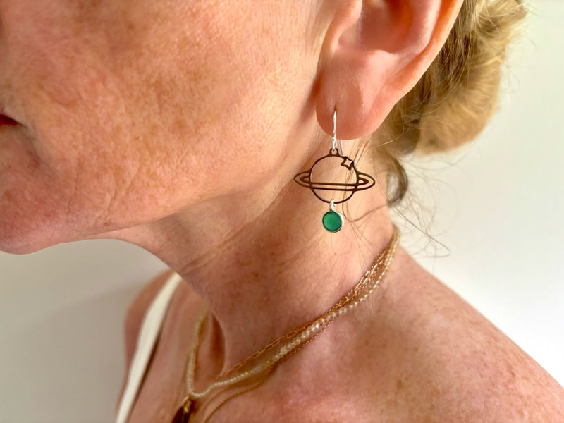 Planet Earrings with Sterling Silver Emerald Dangle on Sterling Backs.