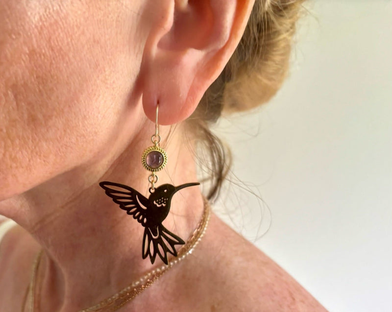 Hummingbird Earrings with Gold Amethysts on 14KG Backs.