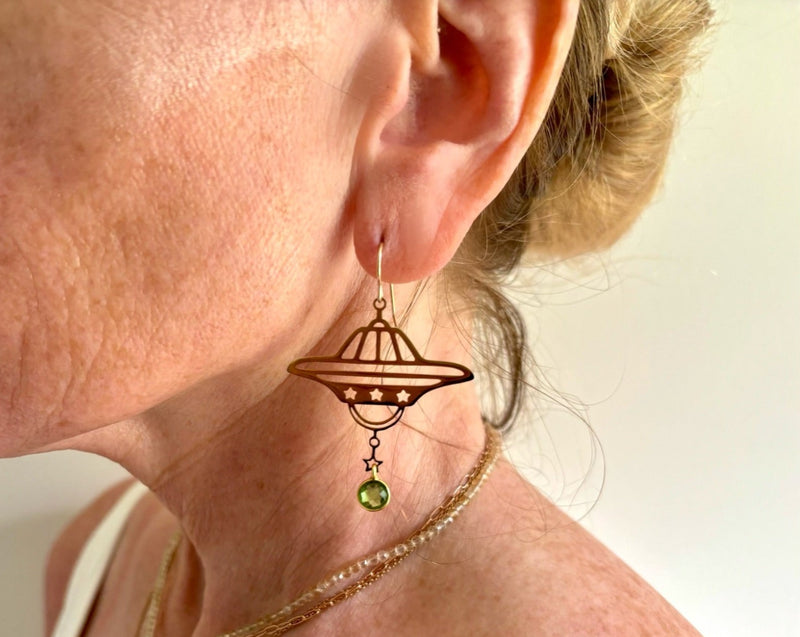 Planet Earrings with Gold Peridot on 14KG Backs.