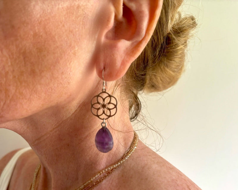 Flower Earrings with Chevron Amethyst Teardrops on Sterling Silver Backs